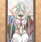  adjusting_hair bangs bare_shoulders breasts clothes female green_hair hair_ornament hairpin kimura_takahiro large_breasts long_hair mirror navel nipples pointy_ears proto_nirvana reflection silver_eyes sitting solo steam_hearts strap straps tattoo writing 
