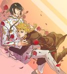  2boys black_hair blonde_hair blue_eyes braid bruno_buccellati closed_eyes flower giorno_giovanna gradient gradient_background hair_ornament hairclip highres jojo_no_kimyou_na_bouken male_focus multicolored multicolored_background multiple_boys rose zipper zoom_layer 