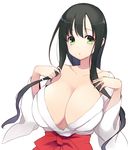  black_hair breasts cleavage green_eyes haori huge_breasts itsumi_(itumiyuo) iwato_kasumi japanese_clothes long_hair looking_at_viewer miko off_shoulder saki solo twintails upper_body white_background 