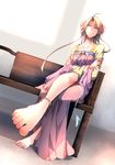  anklet barefoot bench blonde_hair blue_eyes chinese_clothes crossed_arms dress earrings feet hanfu highres jewelry long_hair looking_at_viewer original pov_feet reikenzan:_hoshikuzu-tachi_no_utage smile solo tied_hair toes zhuhua44 