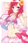  bad_id bad_pixiv_id bikini bikini_skirt bracelet breasts cleavage front-tie_top hair_twirling highres jewelry looking_at_viewer love_live! love_live!_school_idol_project medium_breasts navel necklace nishikino_maki plaid plaid_bikini purple_eyes red_hair satoimo_chika short_hair skirt solo swimsuit 