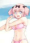  1girl bikini blue_eyes blush bow breasts cleavage commentary_request derivative_work hair_bow hibari_(senran_kagura) irohatori large_breasts looking_at_viewer navel open_mouth pink_hair senran_kagura senran_kagura_shoujo-tachi_no_shin'ei short_hair short_twintails smile solo swimsuit symbol-shaped_pupils twintails 