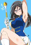  aoi_manabu arm_up armpits bad_anatomy band_uniform baton black_hair blue_background blue_eyes blush boots breasts closed_mouth commentary_request crossed_legs english glasses gloves hibike!_euphonium knee_boots large_breasts long_hair looking_at_viewer no_hat no_headwear over-rim_eyewear red-framed_eyewear semi-rimless_eyewear skirt smell smile solo sweat tanaka_asuka uniform white_gloves white_skirt 
