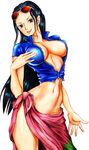  black_hair blue_eyes blue_shirt breasts breasts_apart center_opening cleavage collarbone cowboy_shot crop_top erect_nipples female glasses glasses_on_head hair_slicked_back hand_up large_breasts long_hair looking_at_viewer lowleg midriff navel nico_robin no_bra no_panties one_piece open_clothes open_mouth open_shirt pink_skirt sarong shiny shiny_clothes shiny_hair shiny_skin shirt short_sleeves side_slit simple_background skirt smile solo standing sunglasses sunglasses_on_head unzipped white_background yunbou zipper 