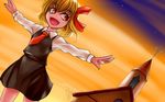  :d araki_(qbthgry) blonde_hair dusk fang open_mouth outstretched_arms rumia scarlet_devil_mansion shirt short_hair skirt sky smile solo spread_arms star_(sky) starry_sky swarm touhou twilight vest 