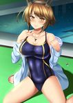  blush breasts brown_eyes brown_hair collar competition_swimsuit heart heart-shaped_pupils huge_breasts kantai_collection mutsu_(kantai_collection) one-piece_swimsuit pool shibata_rai short_hair sitting solo swimsuit symbol-shaped_pupils thighs wariza 