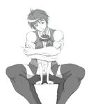  1boy 1girl artist_request blush hug hugging monochrome muscle muscles short_hair size_difference thighhighs 