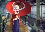  1girl blonde_hair flower garden highres japanese_clothes kimono kyokutyo lantern looking_at_viewer outdoors outside ponytail red_eyes solo tree umbrella veranda white_hair 