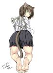  animal_ears aqua_eyes artist_name ass barefoot bone brown_hair cat_ears cat_tail dated feet full_body kneeling looking_at_viewer looking_back nabeshima_tetsuhiro original pleated_skirt short_hair simple_background skeleton skirt soles solo tail toes white_background 