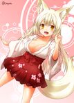  :d animal_ear_fluff animal_ears blonde_hair breasts collarbone eyebrows fang floral_print fox_ears hip_vent japanese_clothes kohaku_(yua) large_breasts long_hair long_sleeves looking_at_viewer miko no_bra open_clothes open_mouth open_shirt original sash shirt skirt slit_pupils smile solo thick_eyebrows very_long_hair wide_sleeves yellow_eyes yua_(checkmate) 