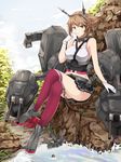  breasts brown_hair cannon collarbone crossed_legs full_body gloves green_eyes headband headgear highres kantai_collection large_breasts mecha_musume midriff miniskirt mutsu_(kantai_collection) outdoors red_legwear short_hair sitting sitting_on_rock sketch skirt solo thighhighs turret water white_crow 
