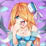  bags_under_eyes bare_shoulders blue_dress blue_eyes breasts cleavage dress finger_in_mouth hair_over_one_eye hat hat_ribbon long_hair looking_at_viewer lowres medium_breasts mini_hat mouth_pull open_mouth oral_invitation orange_hair pandora_(p&amp;d) puzzle_&amp;_dragons ribbon solo teeth tongue tongue_out white_ribbon zuo_wei_er 