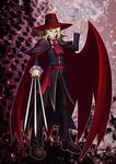  arm_up ascot bad_id bad_pixiv_id between_fingers blonde_hair fangs fedora grimorigin grin hat highres original pants pointy_ears red_hat smile sword vampire weapon wraith_the_etoile 