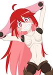  1girl ahoge arms_behind_head blush_stickers breasts doll_joints gobanme_no_mayoi_neko grin hair_down highres long_hair micha_jawkan multicolored_hair navel nude pink_hair red_eyes red_hair senki_zesshou_symphogear sharp_teeth simple_background small_breasts smile solo teeth two-tone_hair 