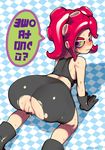  2015 all_fours anus ass bar_censor bent_over bike_shorts blush breasts censored eyeliner from_above from_behind gloves green_sclera highres looking_at_viewer looking_back makeup medium_breasts no_mask octarian octoling on_floor purple_eyes pussy red_hair shorts signature solo splatoon_(series) splatoon_1 sweat taikodon takozonesu tank_top tentacle_hair torn_clothes torn_shorts 