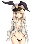  admiral_(kantai_collection) admiral_(kantai_collection)_(cosplay) anchor_hair_ornament black_panties blonde_hair breasts cosplay cowboy_shot gloves grey_eyes hair_ornament hat highleg highleg_panties kantai_collection long_hair long_sleeves military military_uniform naval_uniform navel no_bra panties peaked_cap shimakaze_(kantai_collection) shionji_ax simple_background small_breasts solo thighhighs underwear uniform white_background 