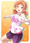  bike_shorts brown_eyes brown_hair e20 hair_ornament hair_scrunchie idolmaster idolmaster_cinderella_girls komatsu_ibuki long_hair off-shoulder_shirt orange_eyes print_shirt scrunchie shirt smile solo star star_print twintails 