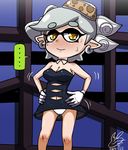  1girl 2015 black_dress blush breasts cleavage dancing dated detached_collar domino_mask dress embarrassed gloves grey_hair hair_rings hands_on_hips hotaru_(splatoon) large_breasts mask mole mole_under_eye navel no_legwear object_on_head panties pointy_ears short_hair smile solo splatoon_(series) splatoon_1 strapless strapless_dress symbol-shaped_pupils underwear usa_(dai9c_carnival) white_gloves white_panties yellow_eyes 