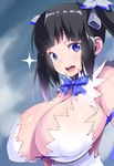  black_hair blue_eyes blue_ribbon breasts chirumakuro cleavage covered_nipples dungeon_ni_deai_wo_motomeru_no_wa_machigatteiru_darou_ka hestia_(danmachi) huge_breasts open_mouth rei_no_himo ribbon solo upper_body 