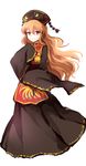  black_dress chinese_clothes crescent dena.ei dress hat highres junko_(touhou) long_hair long_sleeves orange_hair red_eyes sash simple_background smile solo tabard touhou white_background wide_sleeves 