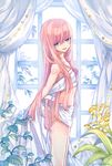  778-go bad_id bad_pixiv_id blue_eyes curtains highres long_hair looking_at_viewer male_focus naked_sheet nude original otoko_no_ko pink_hair plant smile solo tree window 