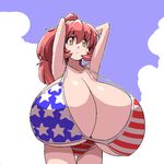  1girl american_flag_bikini arms_up bikini breasts cleavage female flag_print gigantic_breasts higuma kyoui-san ponytail red_hair simple_background solo swimsuit 
