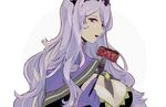  breasts camilla_(fire_emblem_if) cleavage fire_emblem fire_emblem_if food fork gloves hidarime02 large_breasts lips long_hair open_mouth purple_hair simple_background solo steak tiara white_background 