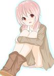  bad_id bad_pixiv_id boots coat covering covering_crotch highres leg_hug legs_together long_hair low_twintails morinaoekaki open_clothes open_coat pink_hair red_eyes sitting solo twintails yoshikawa_tomoko yuru_yuri 