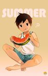  :t ? barefoot black_eyes black_hair eating food food_on_face fruit indian_style looking_at_viewer male_focus noeyebrow_(mauve) original shorts sitting solo summer tan tank_top tanline watermelon 