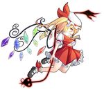  ankle_cuffs ascot blonde_hair bow curly_hair flandre_scarlet floating full_body glowing glowing_weapon hat hat_bow laevatein mary_janes midriff mob_cap red_eyes sash shoes side_ponytail simple_background smirk solo touhou weapon white_background wings z.o.b 