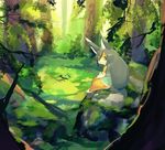  animal_ears bangs blue_eyes crossed_bangs dress fantasy fox_ears fox_tail furry grass green_dress grey_hair leaf long_hair low-tied_long_hair moss murayama_ryouta nature original rock sitting solo tail tree 