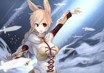  :d ahoge animal_ears arm_up armpits blonde_hair breasts bunny_ears capelet cleavage dagger dated hair_between_eyes hair_ornament highres holding large_breasts long_hair looking_away nachetanya_loei_piena_augustra open_mouth outstretched_arm pointer red_eyes rokka_no_yuusha round_teeth signature smile solo stick teeth weapon 
