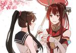  bad_id bad_pixiv_id black_hair brown_eyes brown_hair cherry_blossoms flower gloves hair_flower hair_ornament holding_hand holding_hands kantai_collection long_hair multiple_girls oriental_umbrella ponytail red_(girllove) red_umbrella umbrella yahagi_(kantai_collection) yamato_(kantai_collection) 