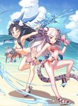  ;d andromeda_(p&amp;d) beach bikini black_hair blue_eyes braid breasts carrying day dolphin double_bun dragon_girl dragon_tail fang haku_(p&amp;d) head_fins highres karin_(p&amp;d) long_hair looking_at_viewer multicolored_hair multiple_girls ocean one_eye_closed open_mouth outdoors puzzle_&amp;_dragons sandals small_breasts smile standing standing_on_one_leg swimsuit tail tiger_tail twin_braids two-tone_hair underboob water water_gun white_bikini white_hair white_swimsuit yellow_eyes yellowpaint. 