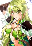  2015 bad_id bad_pixiv_id dated elsword expressionless futo_20 green_eyes green_hair long_hair night_watcher_(elsword) pointy_ears rena_(elsword) revealing_clothes shiny shiny_skin shoulder_pads sidelocks solo white_background 