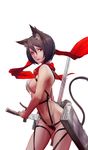 absurdres animal_ears black_hair breasts covered_nipples heihei_de_hei_yan_long highres kemonomimi_mode lips looking_at_viewer medium_breasts mikasa_ackerman muscle muscular_female red_eyes revealing_clothes scarf shingeki_no_kyojin short_hair simple_background slingshot_swimsuit solo swimsuit three-dimensional_maneuver_gear 