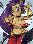  blush breasts earrings gradient gradient_background jewelry navel ponytail purple_hair shantae shantae_(character) solo wardrobe_malfunction 