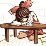  370ml armpits bent_over black_hair bow brown_eyes commentary_request detached_sleeves hair_bow hair_ornament hakurei_reimu head_on_arm japanese_clothes long_hair looking_to_the_side miko red_bow sitting sketch solo table tatami touhou 