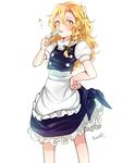  apron black_dress blonde_hair braid dress food hand_on_hip kirisame_marisa long_hair looking_at_viewer no_hat no_headwear popsicle puffy_short_sleeves puffy_sleeves rosette_(roze-ko) short_sleeves simple_background solo tongue touhou waist_apron wavy_hair yellow_eyes 