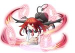  &gt;:) ;) blush book cross demon_tail demon_wings full_body head_wings heart heart_tail inverted_cross koakuma long_hair looking_at_viewer low_wings magic_circle necktie one_eye_closed red_hair scroll simple_background smile solo tail touhou v-shaped_eyebrows white_background wings z.o.b 
