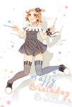  :d absurdres bare_shoulders brown_eyes brown_hair dress drumsticks happy_birthday highres hmniao k-on! open_mouth piano_print ribbed_legwear round_teeth short_hair smile solo tainaka_ritsu teeth thighhighs 