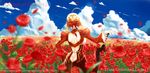  ahoge aiovia back_cutout blonde_hair blurry day depth_of_field dress epaulettes fate/extra fate_(series) field flower flower_field from_behind hair_ribbon nero_claudius_(fate) nero_claudius_(fate)_(all) red_dress ribbon sky solo 