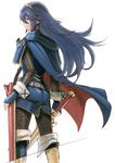  ass belt black_legwear blue_eyes blue_footwear blue_gloves blue_hair boots cape falchion_(fire_emblem) fingerless_gloves fire_emblem fire_emblem:_kakusei gloves holding holding_sword holding_weapon kirusu long_hair lucina pantyhose profile sheath simple_background solo striped striped_legwear sword tiara vertical-striped_legwear vertical_stripes weapon white_background 