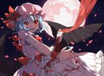  alcohol bat_wings blue_hair bow cup dress drinking_glass flower full_moon hat hat_flower mob_cap moon night petals red_eyes remilia_scarlet short_hair sindre solo spill touhou wine wine_glass wings wrist_cuffs 
