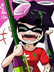  2015 :d aori_(splatoon) blush dated domino_mask fangs food food_on_head hair_rings long_hair mask object_on_head open_mouth paint pointy_ears purple_hair red_shirt shirt smile solo splatoon_(series) splatoon_1 sushi t-shirt tentacle_hair usa_(dai9c_carnival) 