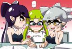  3girls :o aori_(splatoon) bare_shoulders blue_eyes blush breast_press breasts cleavage commentary_request detached_collar domino_mask green_eyes grey_hair hair_rings heart hotaru_(splatoon) inkling large_breasts long_hair mask mole mole_under_eye multiple_girls open_mouth pen pointy_ears purple_hair shirt splatoon_(series) splatoon_1 spoken_blush spoken_ellipsis squidbeak_splatoon sweat tentacle_hair translated usa_(dai9c_carnival) white_shirt writing yellow_eyes yuri 