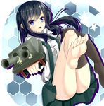  asashio_(kantai_collection) barefoot black_hair blue_eyes feet hexagon highres honeycomb_(pattern) honeycomb_background kantai_collection long_hair looking_at_viewer nekomitsuki open_mouth school_uniform single_thighhigh skirt soles solo star suspenders thighhighs toes 