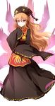  black_dress chinese_clothes crescent dena.ei dress fox_tail hat highres junko_(touhou) long_hair long_sleeves orange_hair red_eyes sash simple_background smile solo tabard tail touhou white_background wide_sleeves 