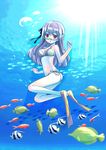  :d bikini breasts bubble diving diving_mask diving_mask_on_eyes fish flippers freediving full_body goggles hidamari_sketch highres holding_breath long_hair looking_at_viewer matsuri_(hidamari_sketch) medium_breasts navel ocean open_mouth quro_(black_river) red_eyes silver_hair smile solo swimming swimsuit underwater 