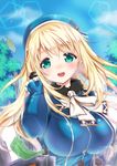  atago_(kantai_collection) beret black_gloves blonde_hair blue_sky breasts day gloves green_eyes hand_in_hair hat highres huge_breasts kantai_collection leaf lips long_hair long_sleeves looking_at_viewer military military_uniform open_mouth shibi sky smile solo tree uniform upper_body 